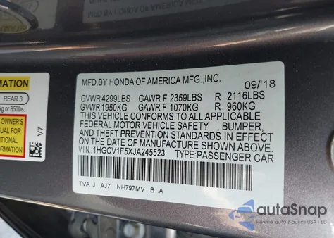 2018 Honda Accord Ex-L z USA, uszkodzony, nr VIN 1HGCV1F5XJA245523